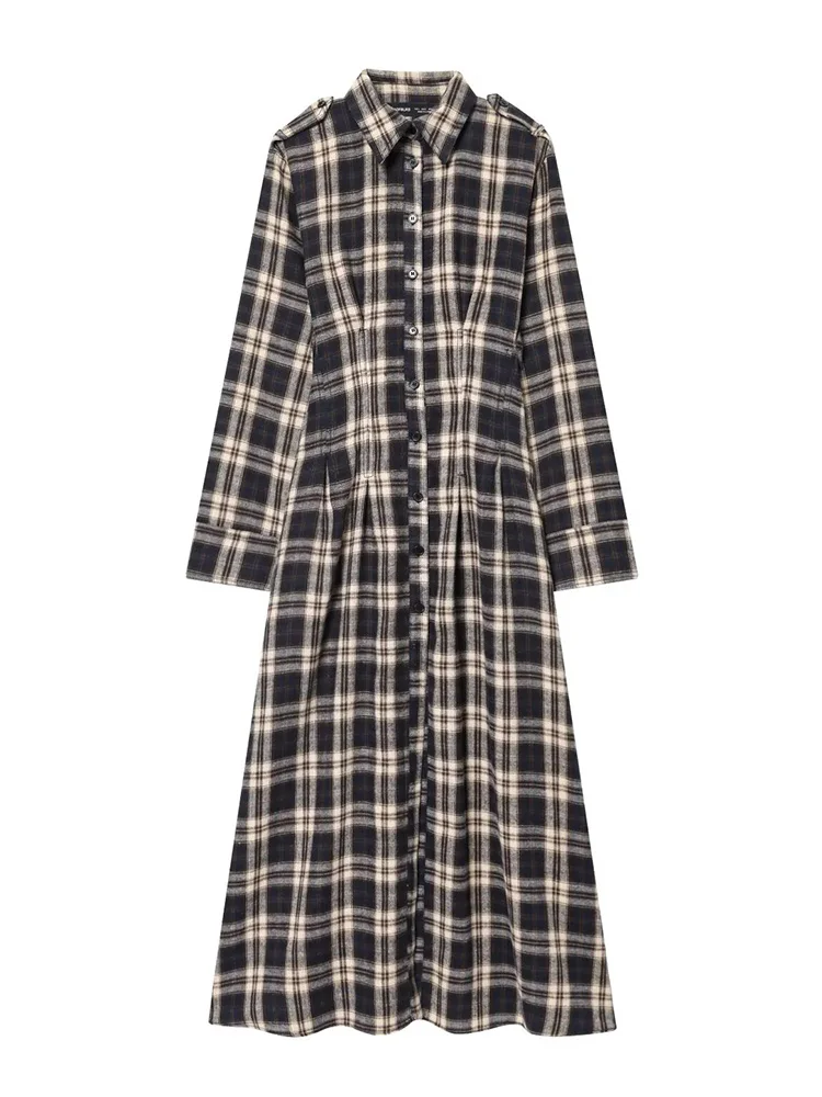 HH Women Autumn Long Sleeves Single-breasted Pleated Dresses Female Fashion Turn-down Collar Pleated The Waist Midi Dress