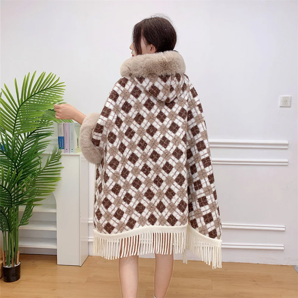 Japanese Korean Winter Women Faux Lamb Fur Plaid Loose Poncho Cape Thick Warm Granular Velvet Oversize Cloak Streetwear With Hat