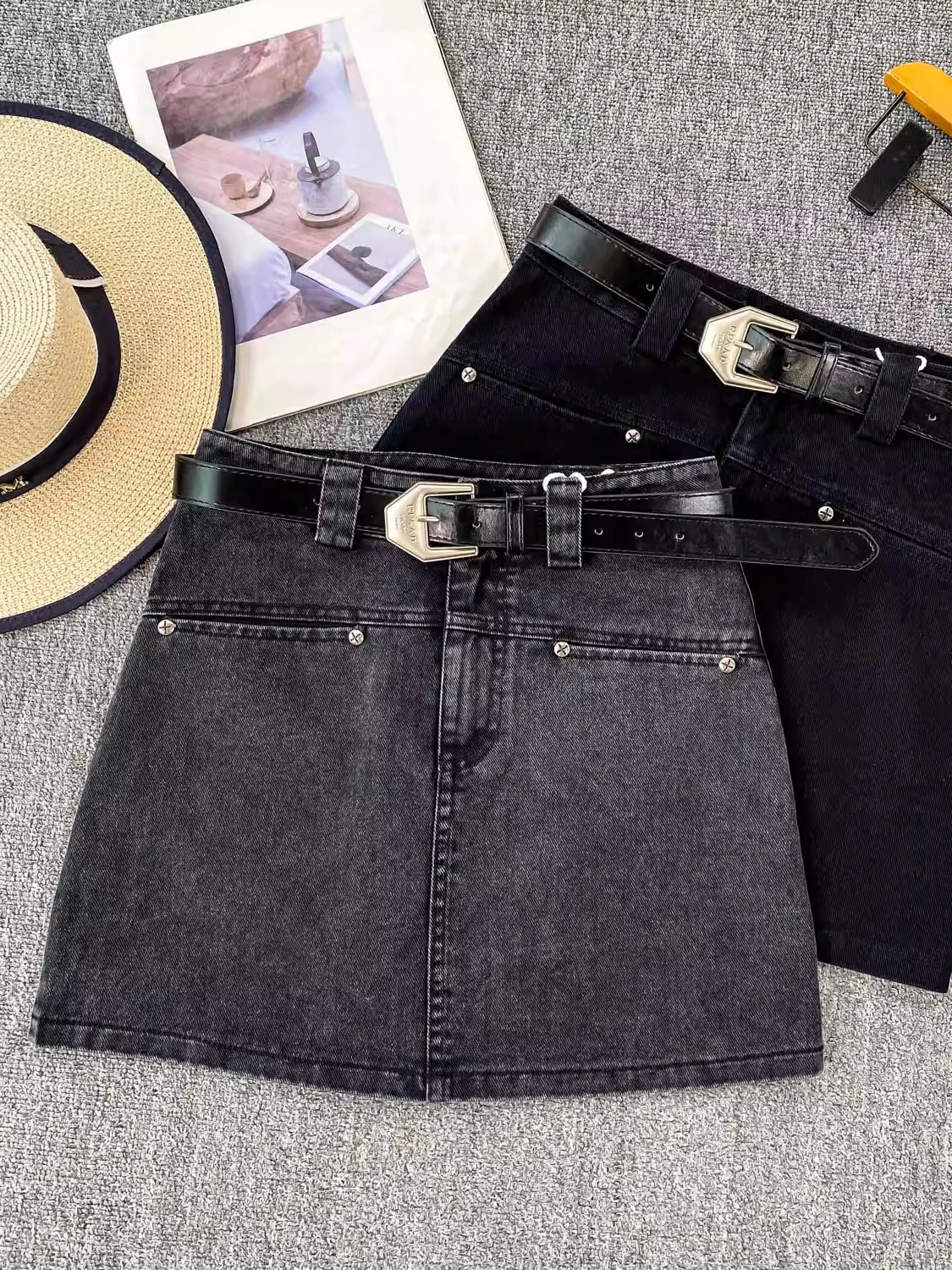 

High Waist Denim Skirt for Women Belted Anti-Light Slimming ort Skirts Korean Sle Commute A-Line Skirt