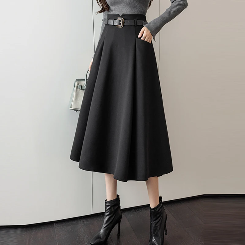 Coffee Elegant Fashion Winter Warm Wool Skirt For Woman 2023 High Waist Casual Big Swing Mid-Long Skirt With Belt