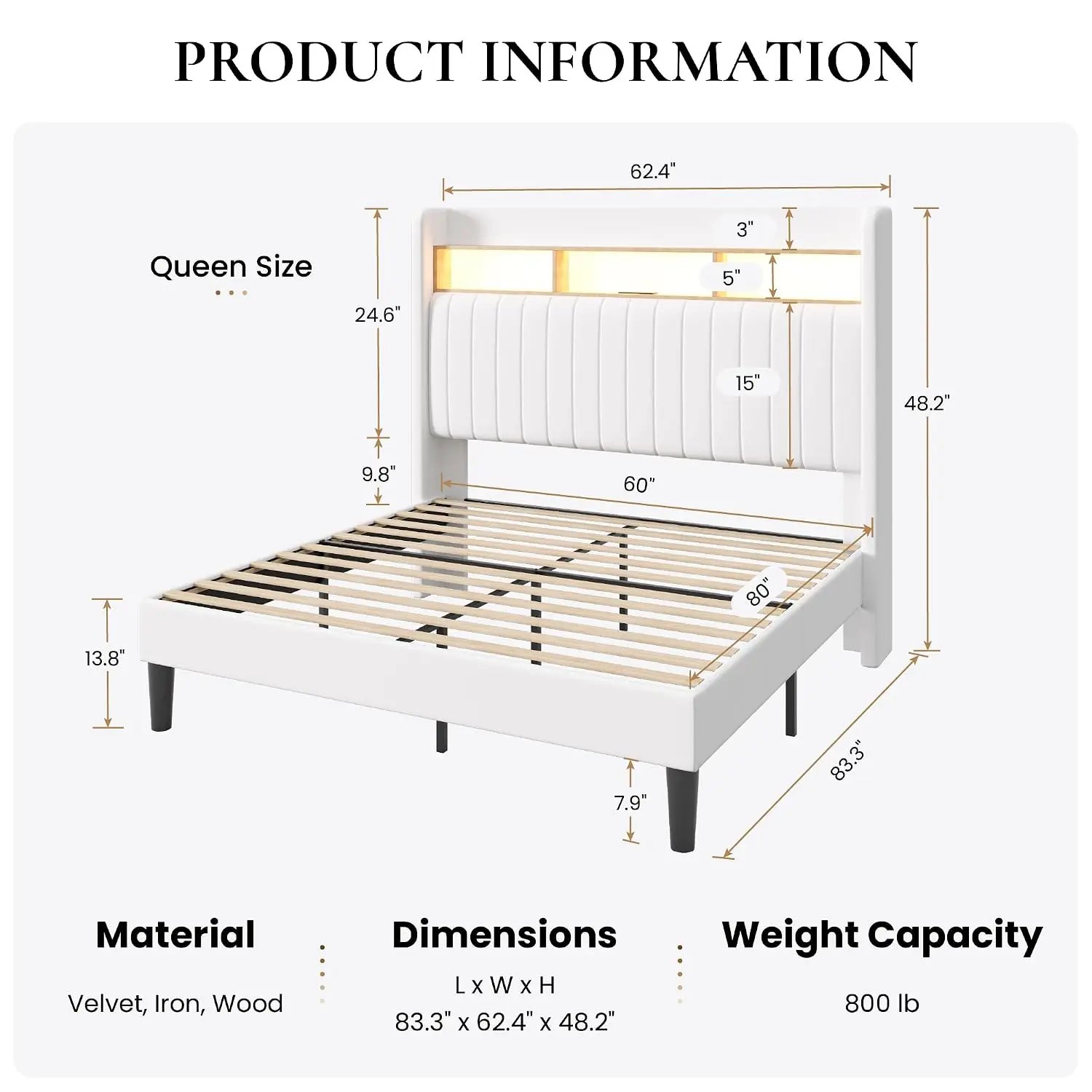 Queen Size Platform Bed Frame / 2-Tier Storage Shelf/Velvet Wingback Upholstered Headboard/LED Lights and Charging, Customized - view 2