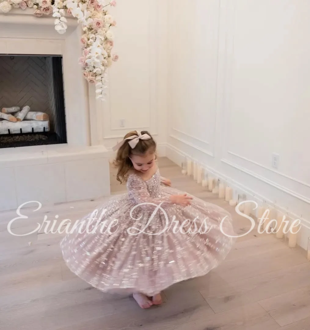 فستان فتاة الزهور الوردي الفاتح لحفلات الزفاف من التول المنتفخ والترتر الأميرة الطفل أول فستان حفلة عيد الميلاد الإفخارستية حسب الطلب
