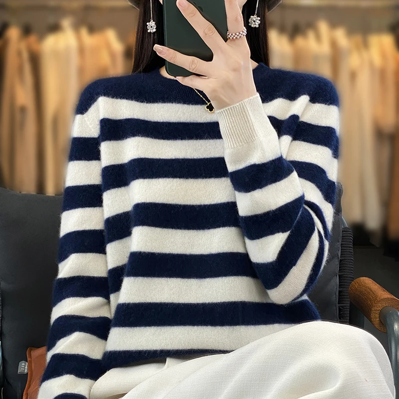 Women\'s Sweater Winter 100% Pure Wool Hoodie Casual Striped Knitted Blouse Round Neck Loose Tops Versatile Basic Base Sweater