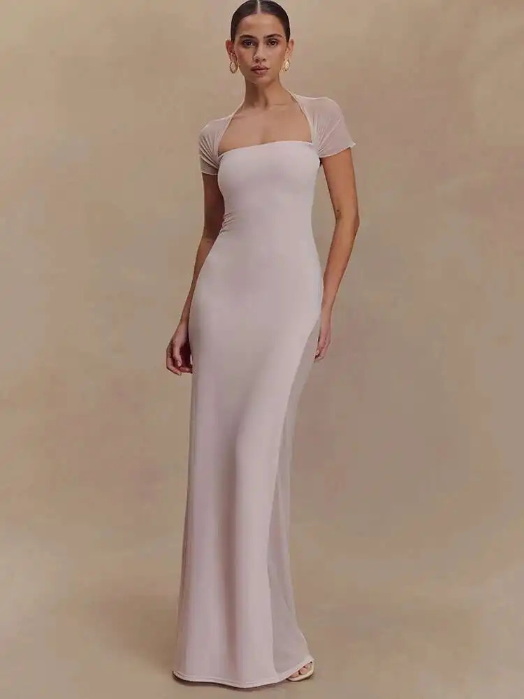 

Oniflyme Basic Mesh Patchwork Maxi Dress Women Gown Slash Neck Short Sleeve Solid Color Bodycon Dresses Elegant Outfit Partywear