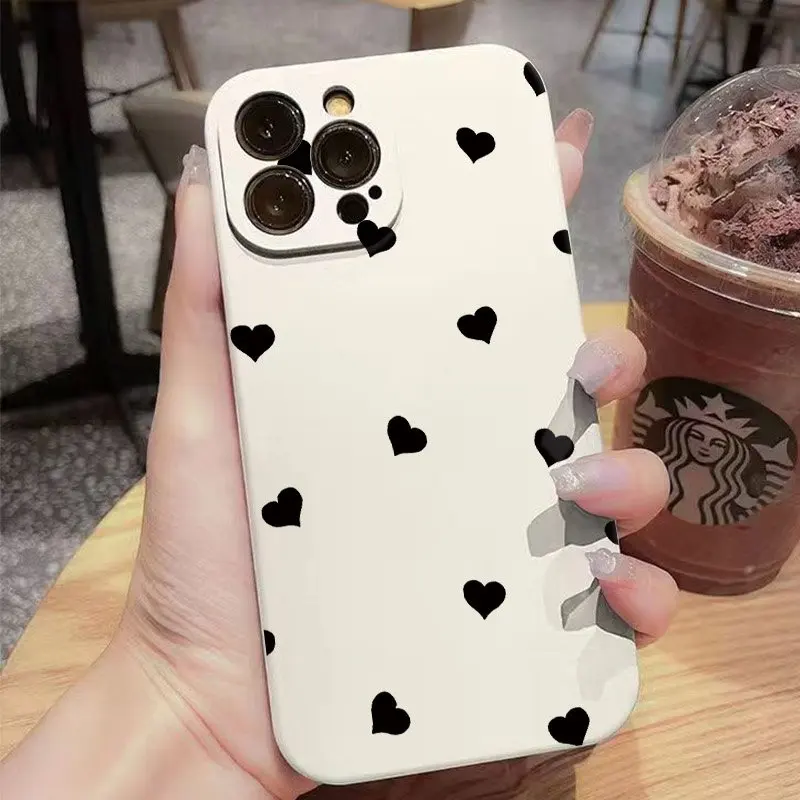 샤오미 레드미 노트 14 13 12 11 프로 플러스 5G 10 레드미 14C 13C 12C용 블랙 하트 패턴 폰 케이스, 충격 방지 소프트 실리콘 커버