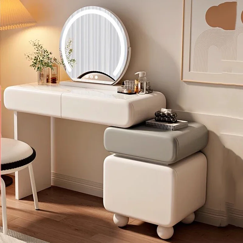 Table de maquillage en bois blanc, tabouret d'appartement pour filles, meubles de chambre à coucher esthétiques