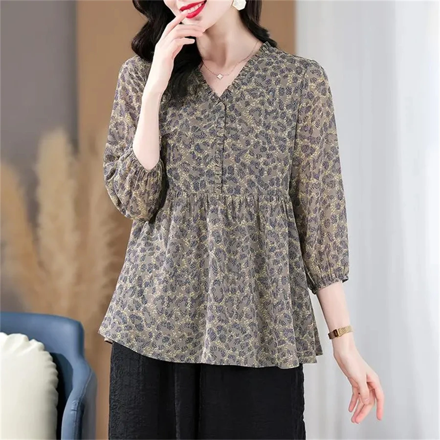 4XL Women Spring Summer Blouses Shirts Lady Fashion Casual Short Sleeve V-Neck Collar Printing Blusas Tops G2828