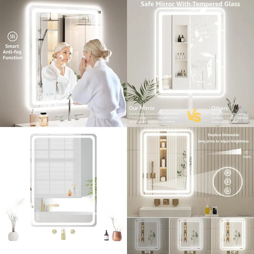 

20 LED Bathroom Mirror, 28 Wide, Anti-Fog, Tri-Color Light, Touch Sensor, Waterproof, Dimmable, Tempered Glass Vanity Mirror