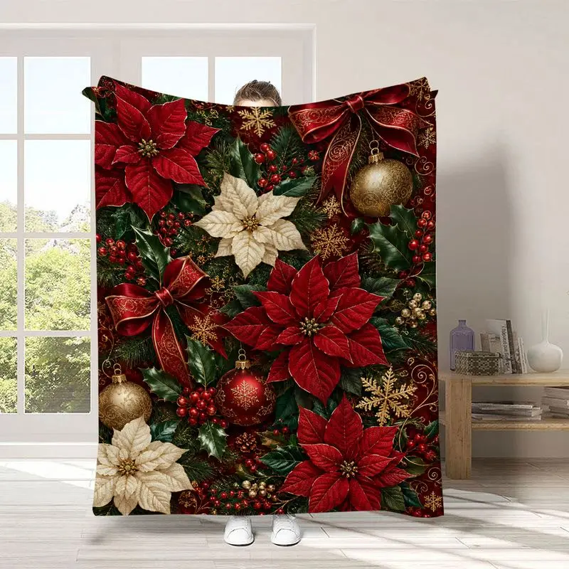 VIKAMA Christmas Throw Blanket with Burgundy Gold Poinsettia Flowers Baubles Festive Warm Bed Blanket Holiday Home Decor