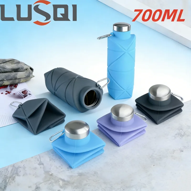 LUSQI 700ml Foldable Silicone Water Bottle Portable Outdoor Sports Collapsible Water Cup With Steel Lid Leak-Proof Lightweight