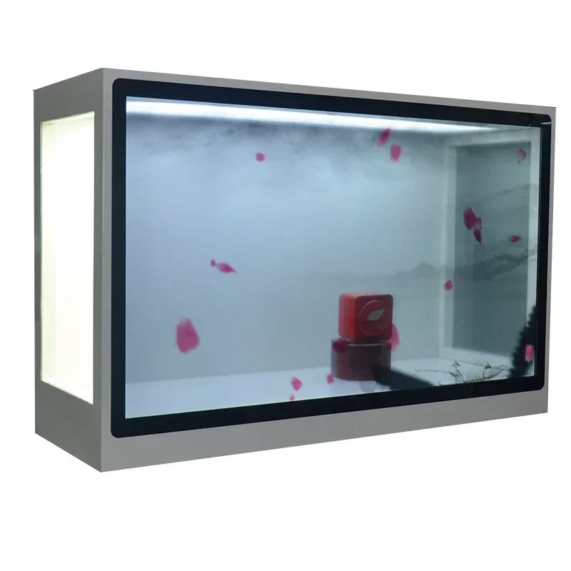 Benutzer definierte 3d lcd werbung display full hd sehen durch transparente lcd schrank wifi transparente lcd vitrine box