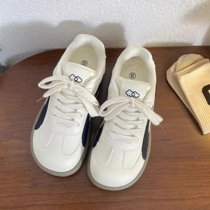 Vintage Women Chunky Sneakers White Navy Splicing Lace‑Up Thick Bottom Casual Sports Shoes Comfortable Daily Walking Footwear - view 3