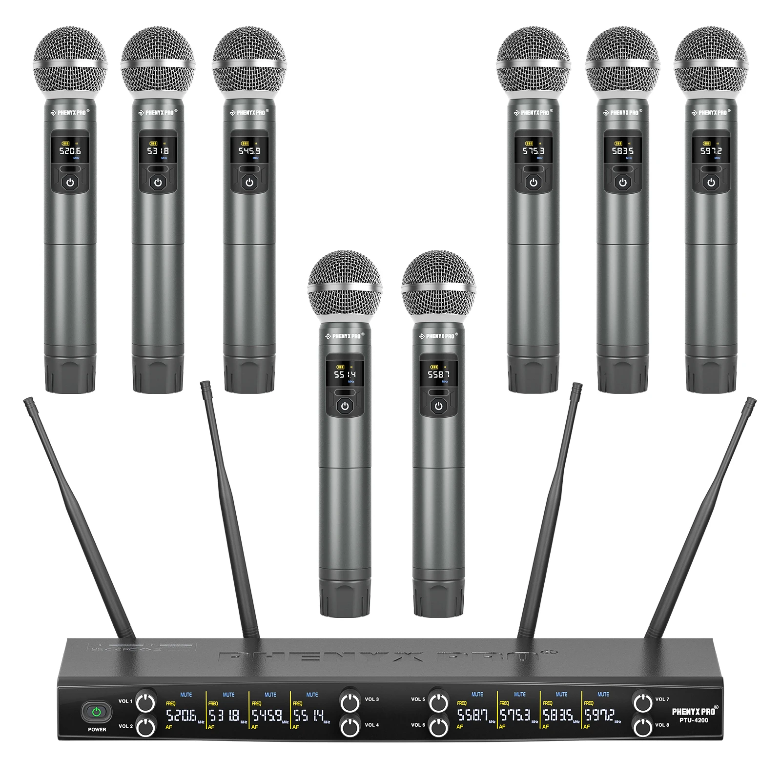 

8-Channel Phenyx Pro UHF Wireless Microphone System w/8 Cordless Mics 200ft Range Dynamic Mics for Singing,Karaoke,Church,DJ