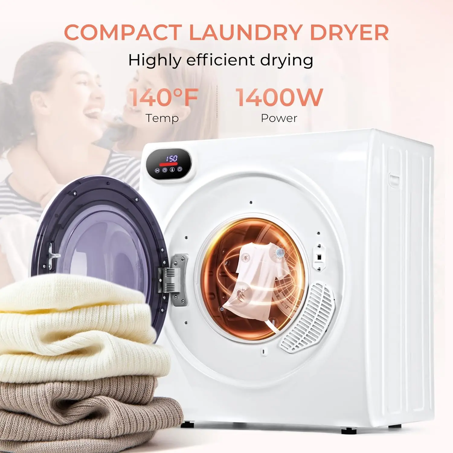 with Exhaust Hose, Four Drying Functions, Dries Up to 9 lbs of Clothes, 1400w Mini Dryer with Stainless Steel Liner, Suitable fo