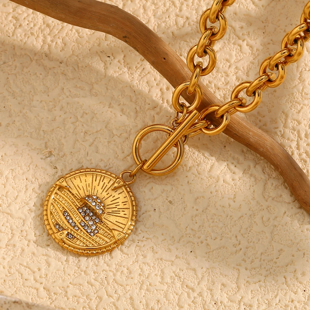 E.B.belle OT Buckle Round Sunrise Pendant Necklace 316L Stainless Steel 18K Gold Plated Exaggerated Jewelry Accessories