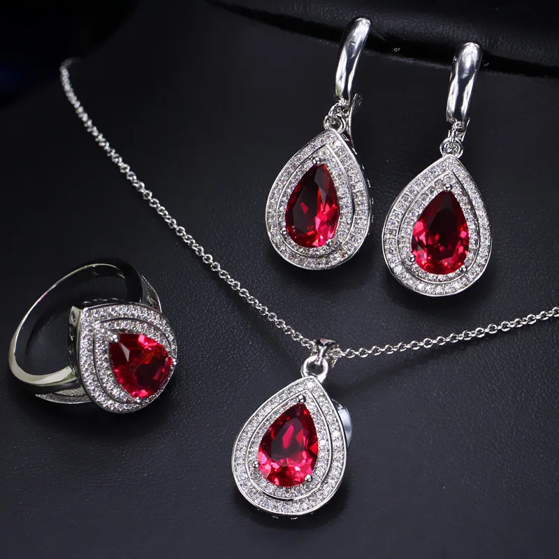 HuiSept Rings Earrings Necklace 925 Silver Jewelry Set for Women Wedding Party Water Drop Shape Sapphire Gemstone Gift