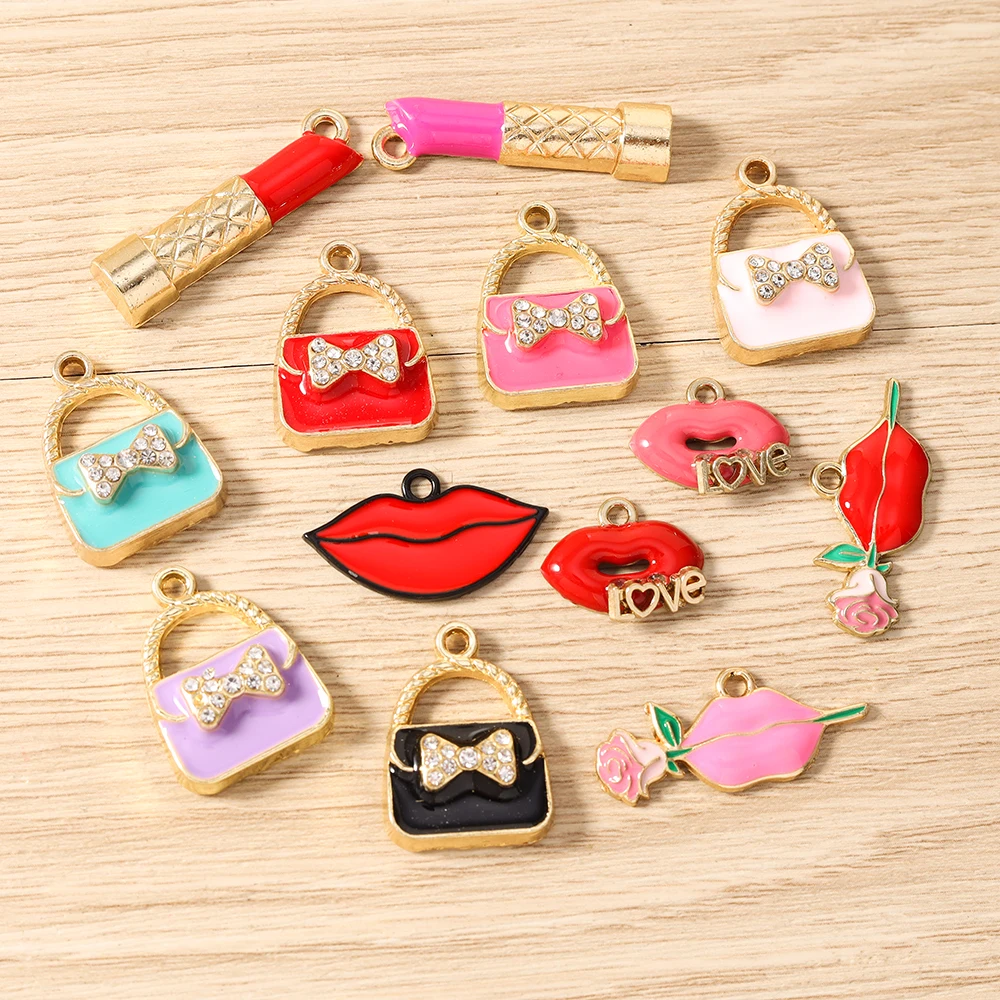 Tusember 10Pcs Mix Cute Kiss Rose Flower Red Lips Lipsticks Charms Pendants for Jewelry Making Necklace Earrings Bracelets DIY