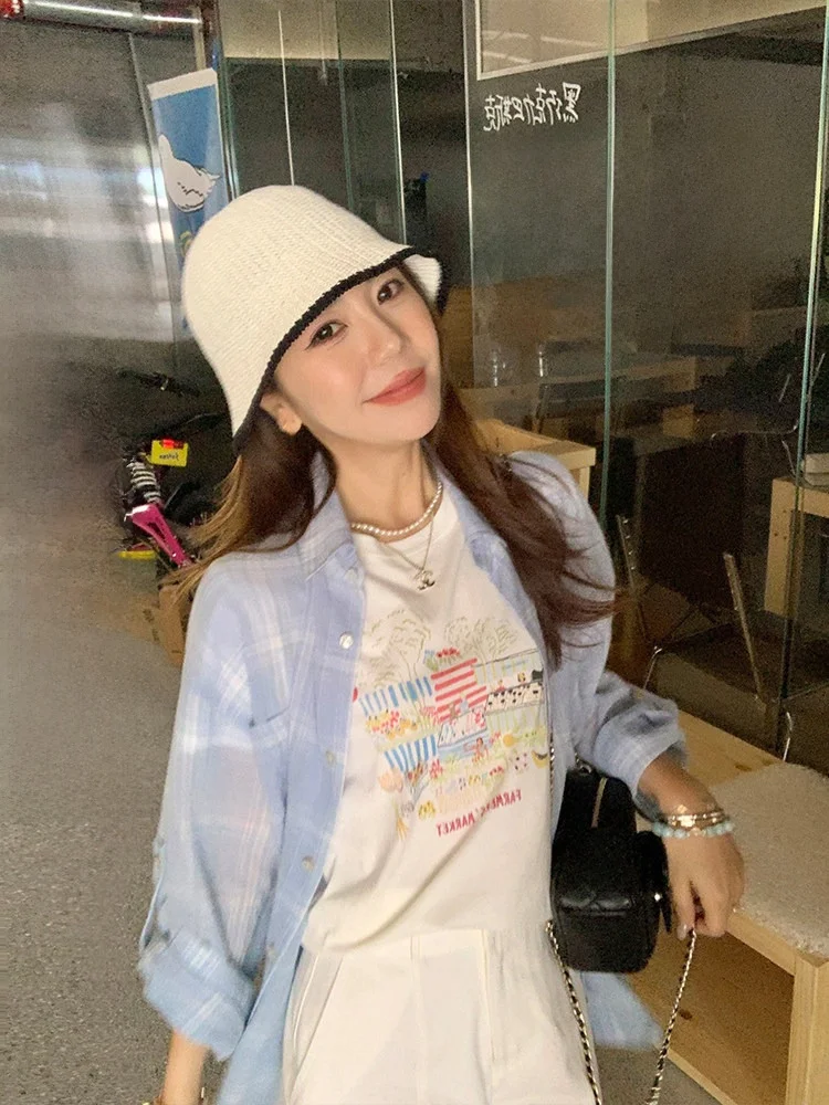 

Cheeseandkisses Airy Lightweight Sun Protection irt 00 Cotton Loose Plaid BF Sle Женская рубашка с длинными рукавами и воротником