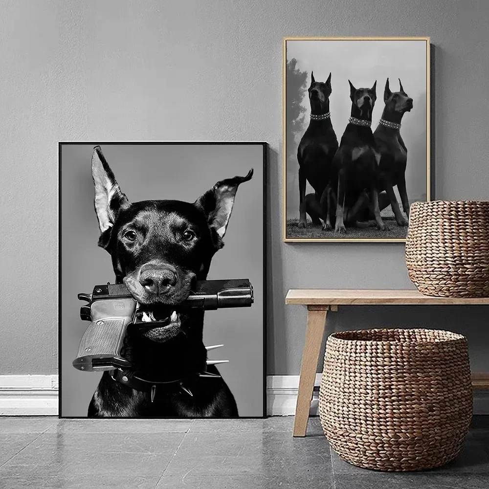 Pintura en lienzo de pistola Doberman Pinscher, carteles en blanco y negro, imágenes artísticas de pared para decoración de sala de estar, decoración bohemia para el hogar