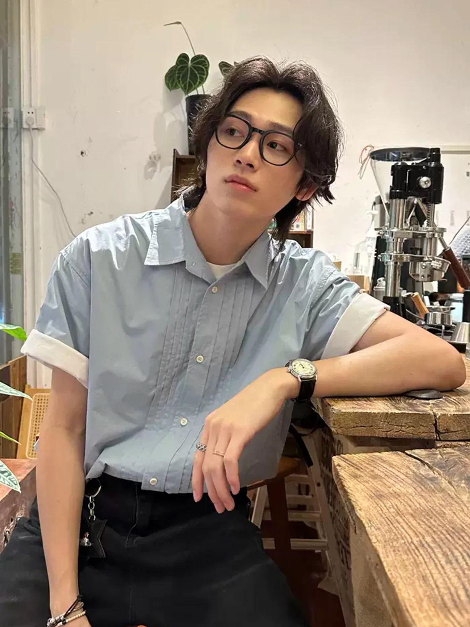 american-retro-commuter-accordion-fold-pure-cotton-short-sleeve-men's-summer-casual-loose-shirt-jacket-trendy-breathable