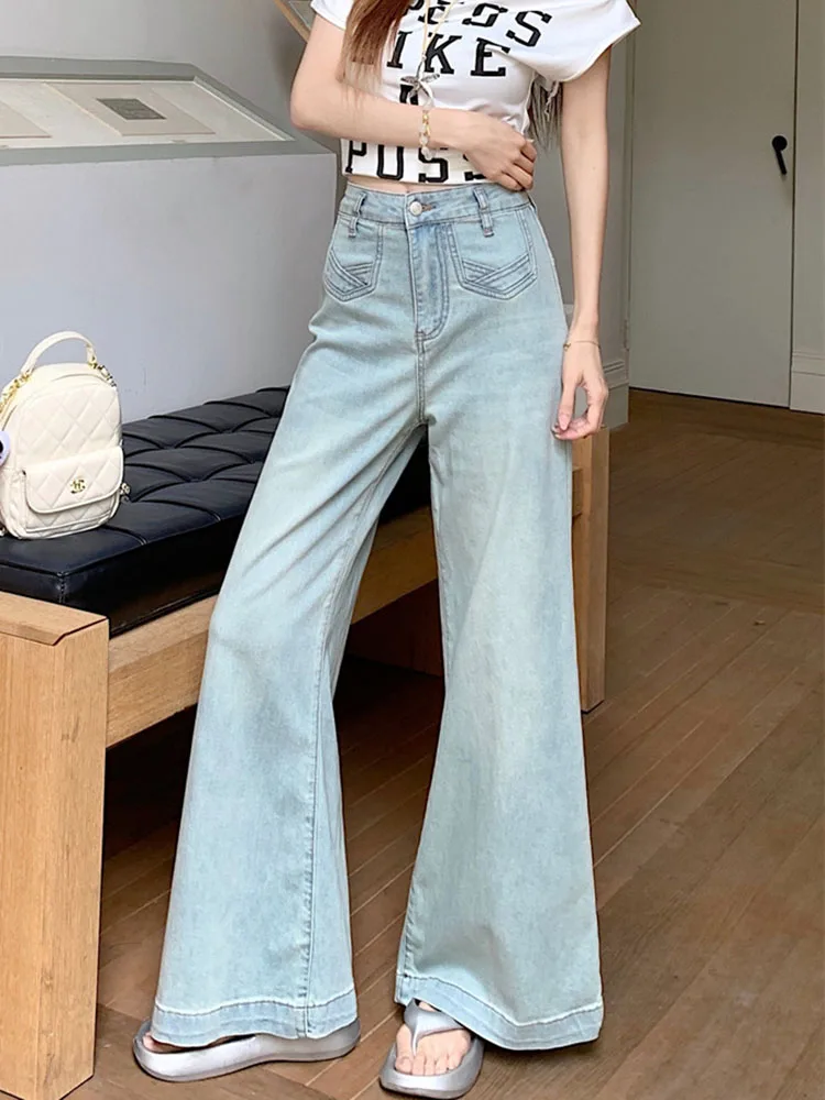 กางเกงยีนส์แฟชั่นทรงหลวมสไตล์วินเทจ ล้างสี เอวสูง ผู้หญิง สวมใส่สบาย ยืดได้ ทรงตรง ขากว้าง ทรงบูทคัท