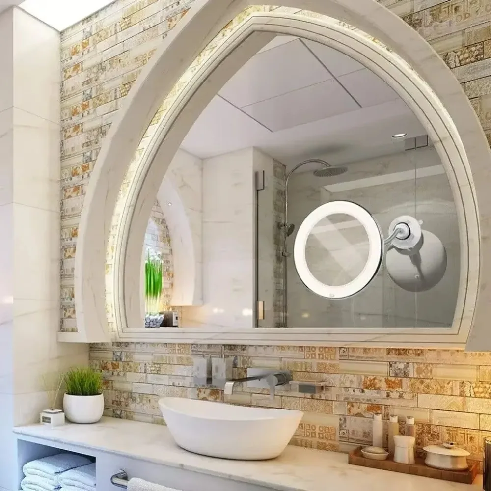 360-Grad-Drehung, Make-up-Spiegel, Wandmontage, Saugnapf, Kosmetikspiegel, LED-Licht, beleuchtet, Touch-Steuerung