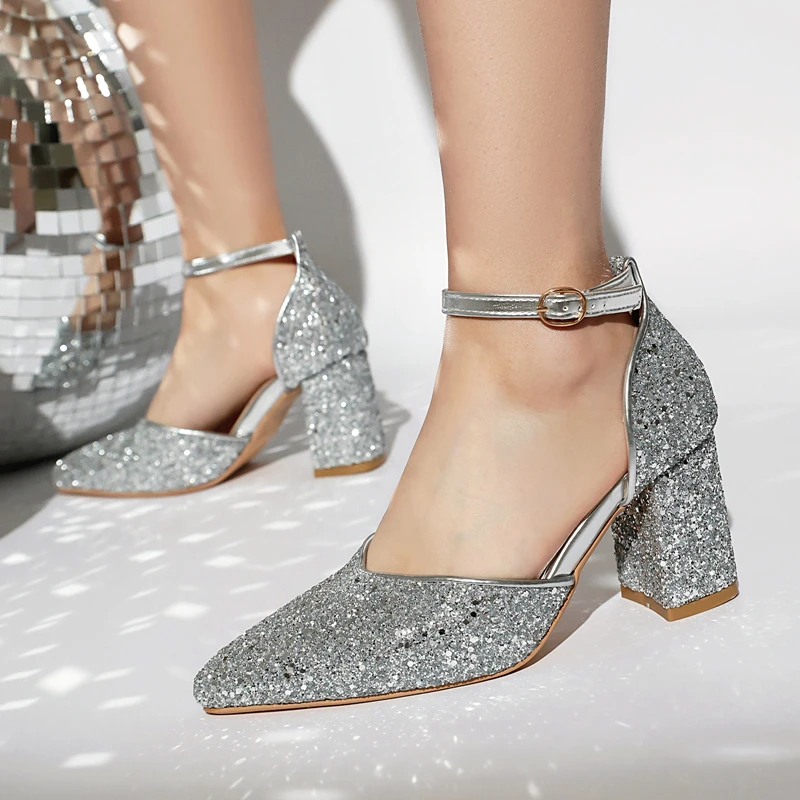 

Роскошные женские туфли-лодочки на высоком каблуке золотого, серебряного цвета с блестками, 2026, свадебные туфли с острым носком и ремешками на щиколотке, женские туфли для вечеринок на толстом каблуке 45