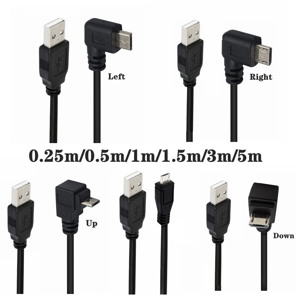 Up Down Left Right Angled 90 Degree USB Micro USB Male to USB male Data Fast charging connector Cable 25cm 50cm for Tablet 1m