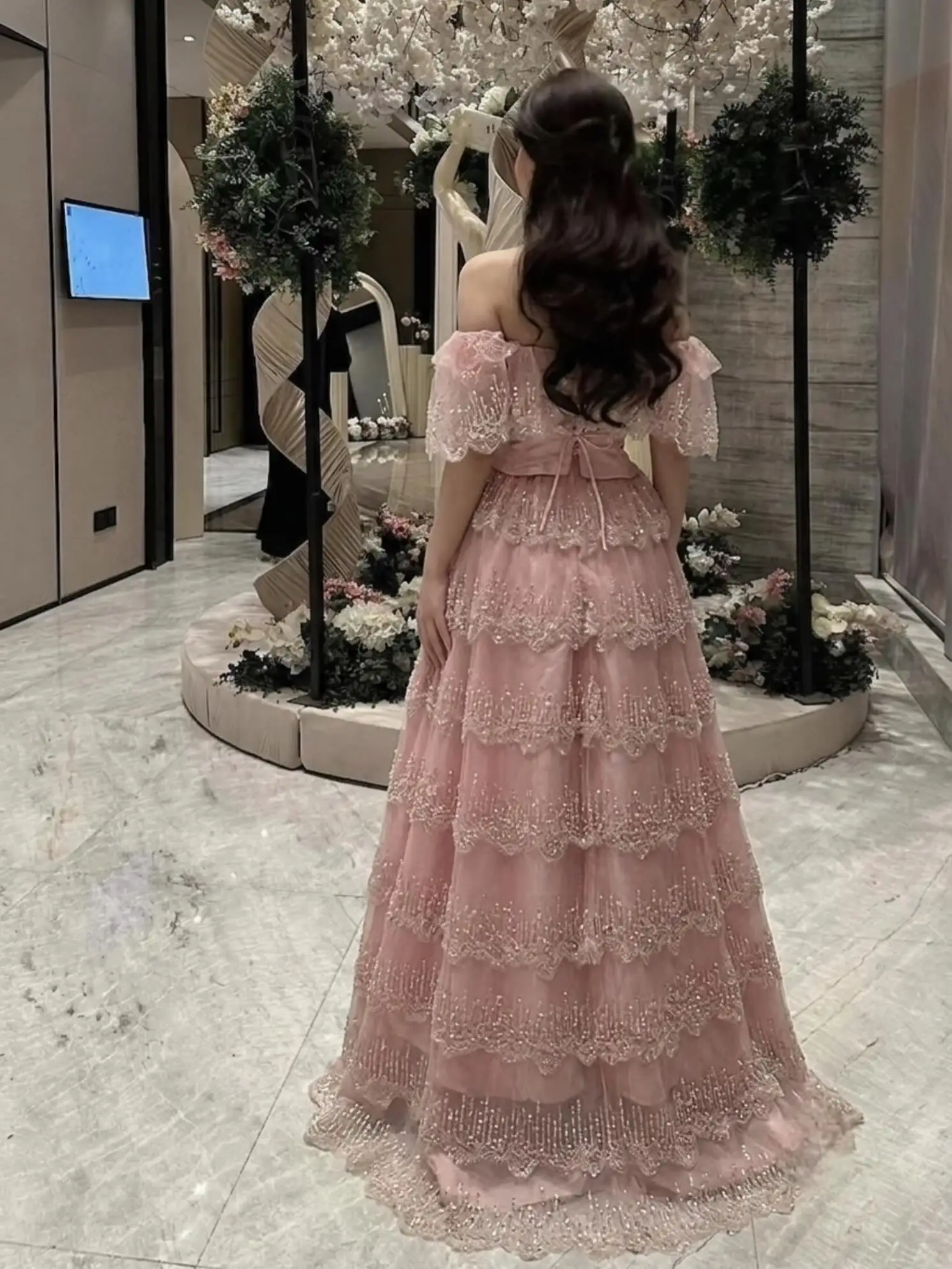 Off Shoulder Puff Sleeve Boned Corset Bodice Multi Layer Beaded Lace Tiered Tulle A Line Evening Dress Formal Banquet Gala Gown