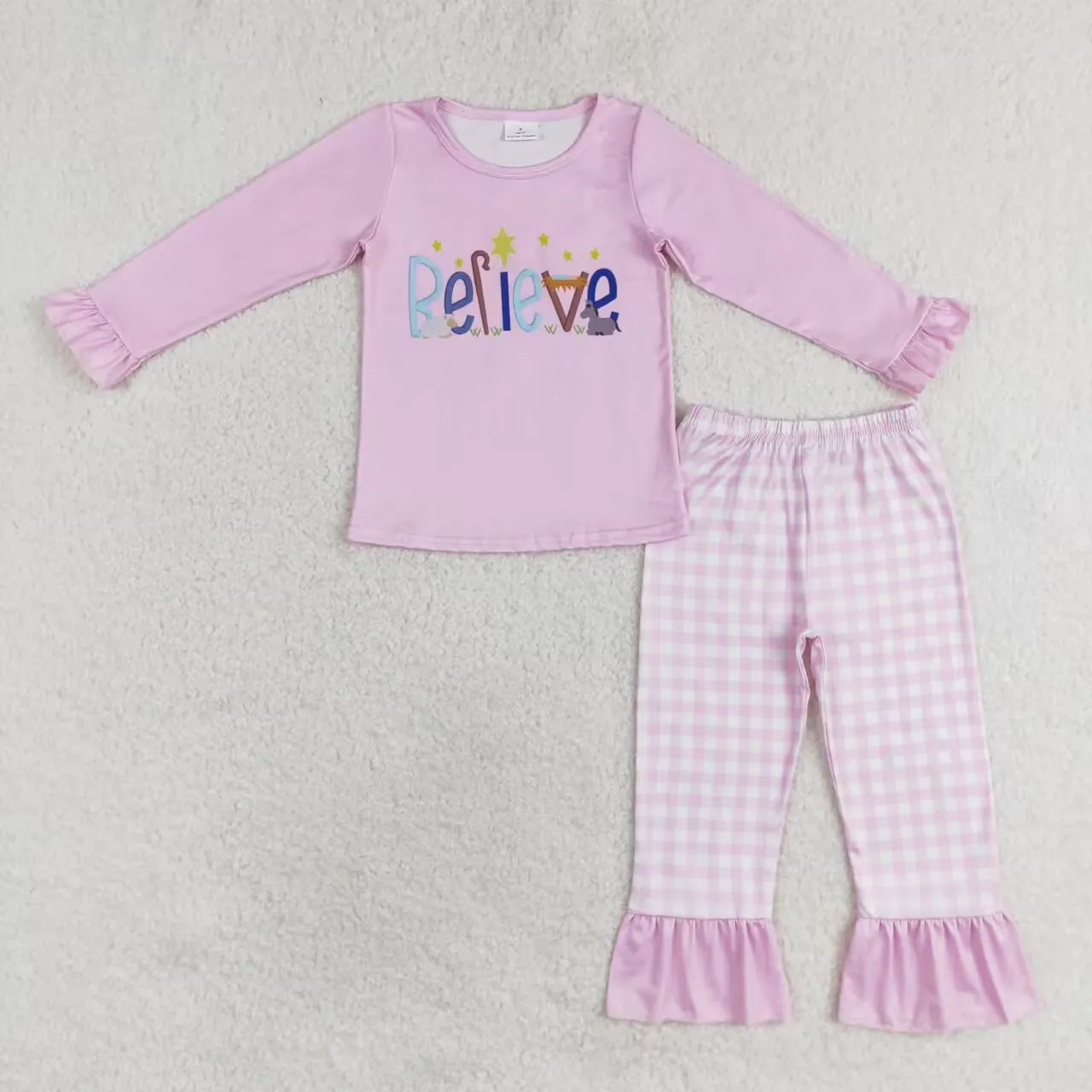 New Fashion Baby Boys Girls Believe Star Pink Long-sleeved Plaid Trousers Pajamas Set Wholesale Boutique Children RTS