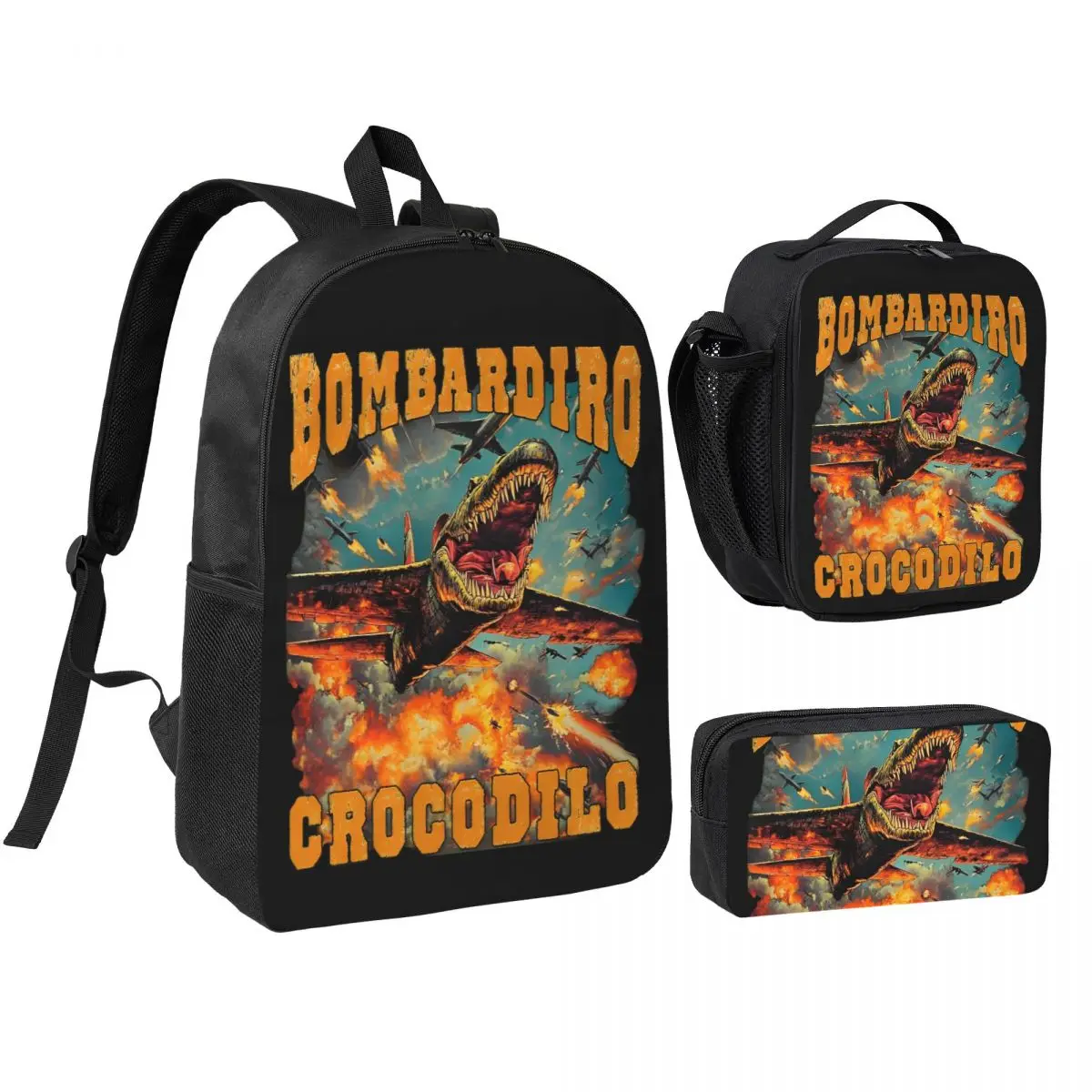 Bombardiro Crocodilo Plane Meme 3pecs/set Backpack for Student Italian Brainrot Shoulder Bag Lunch bag Pencil Case