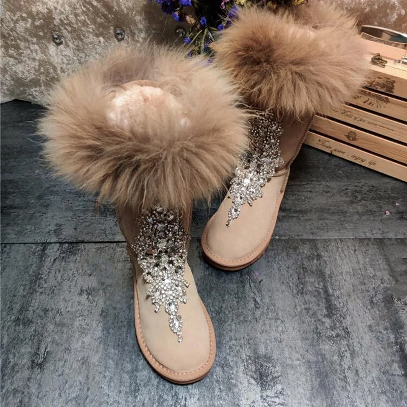 

Handmade Rhinestone Warm Fur Snow Boot Women Dull Polish Leather Flat Knee High Winter Boots Slip On Crystal Runway Shoes