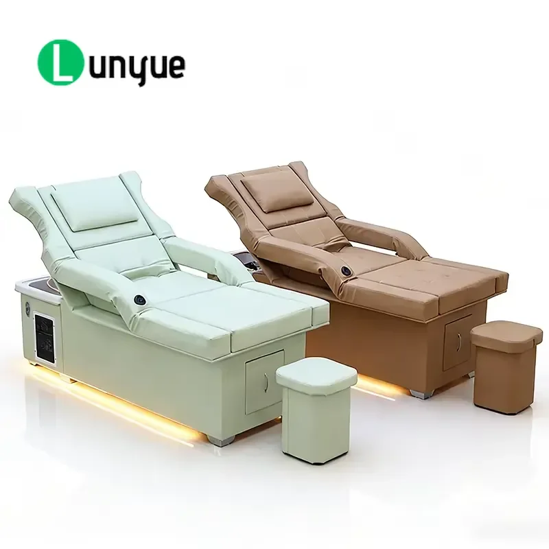 Modern Electric Shampoo Bed with Foot Bath Adjustable Headrest Luxury Hair Therapy Chair Multifunctional Barber Shop