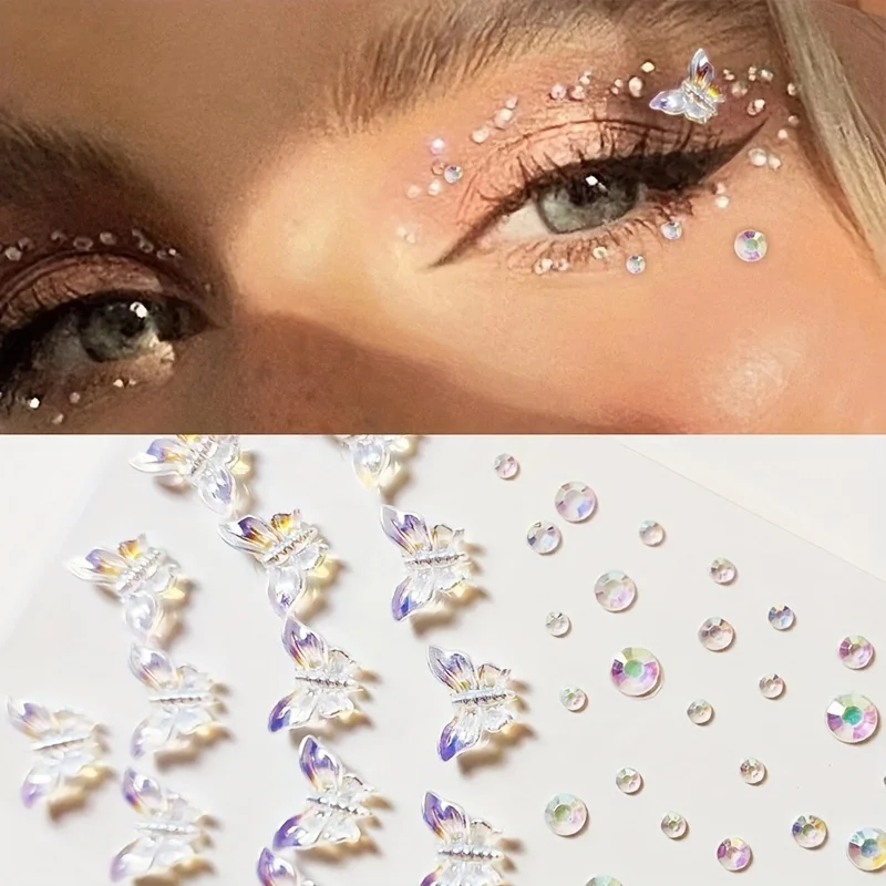 Girl Sparkling Rhinestone Butterfly Face Sticker Acrylic Flat Design for Parties Gatherings Non-Piercing Jewelry For Women