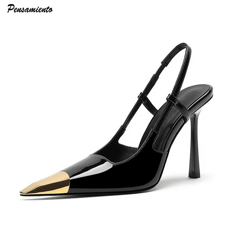 

New Patchwork Gold Black Sandals Metal Square Toe Stiletto High Heels Slingback Sexy Spring Summer Women Pumps 2024 New Trend