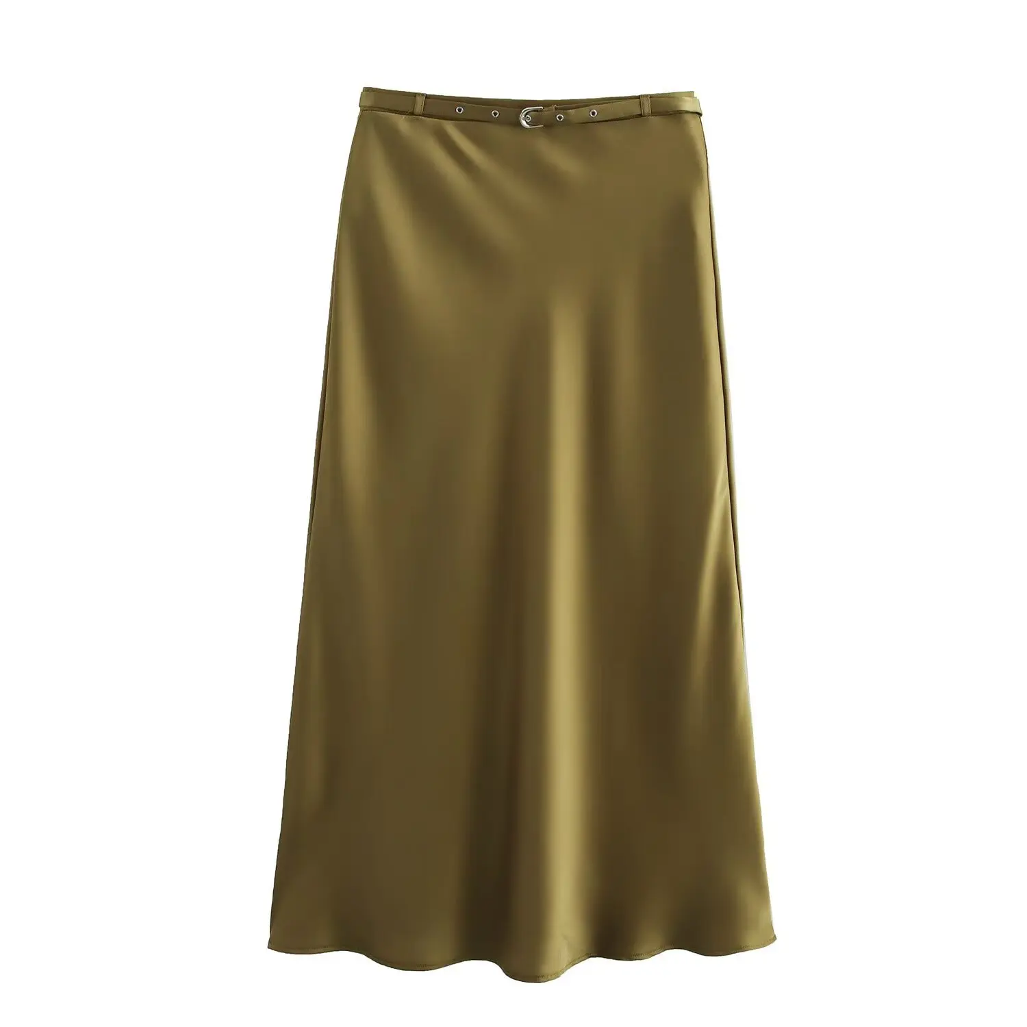 Women's Satin Midi Skirt, Dark Olive Green Satin Long Skirt, Urban Office Ladies Dark Olive Green High Rise Skirt, ZA Women 2025