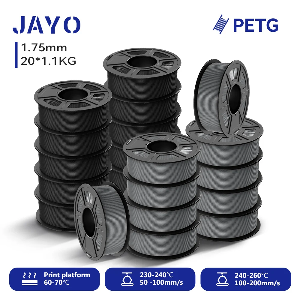 JAYO 20 Rollen PETG 3D-Drucker-Filament 1,75 ±0,02 mm 1,1 kg/Rolle BK+WT+GY Hochfestes, ordentlich gewickeltes Filament, passend für die meisten FDM-Drucker