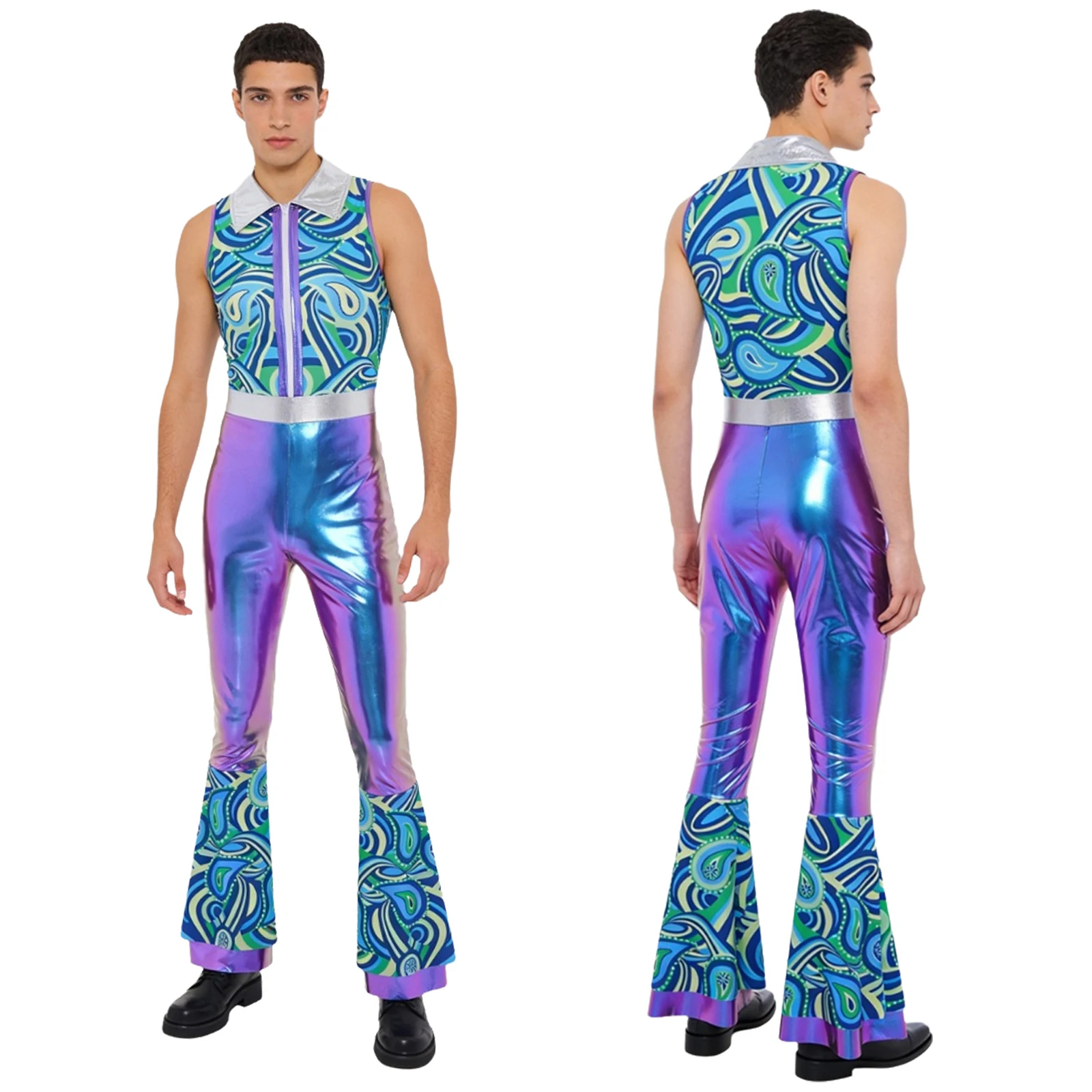 Men Sleeveless Metallic Shiny Tiered 70s Disco Dance Flare Jumpsuit Halloween Carnival Hippie Cowboy Cosplay Performance Costume