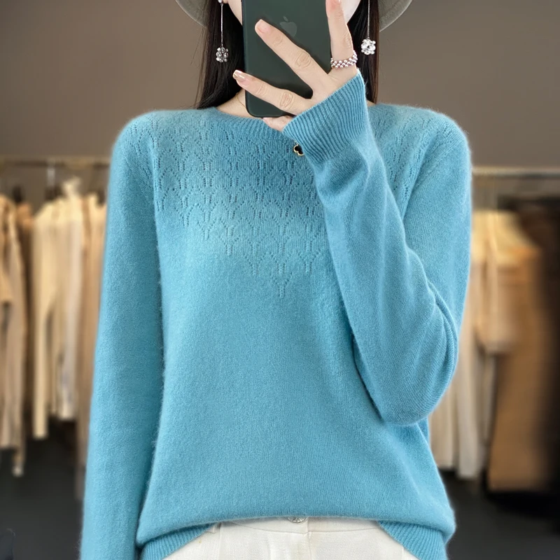 

100% merino wool women's round neck hollow solid color long sleeve pullover sweater autumn/winter new fashion loose top coat