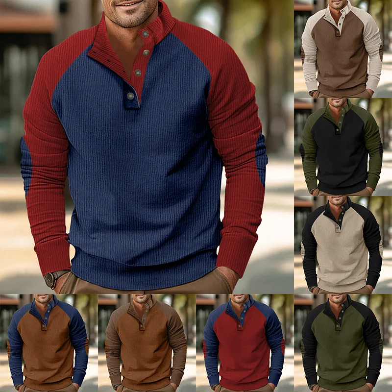 

New Spring And Autumn Men's Hoodie Outdoor Rotator Sleeve Casual Stand Collar Loose Corduroy Color Pocket Hoodie