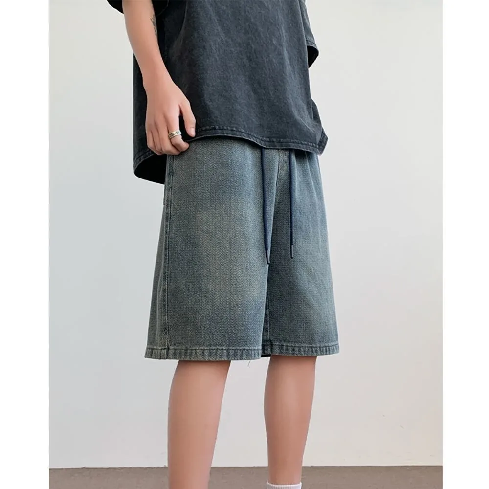 

Summer Large Size American Denim Men's Wide Leg Pants Retro Trendy Brand mid Loose Straight Five-Point Shorts Casual Loose Fit