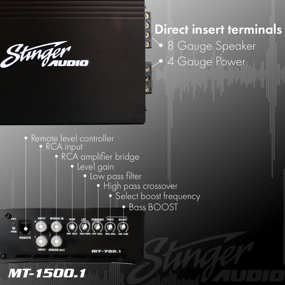 Audio MT15001 1-Channel Monoblock 1500 Watt RMS Car Audio Subwoofer Amplifier w/Remote Control Bass Knob, Class D, Hexfet Mosfe