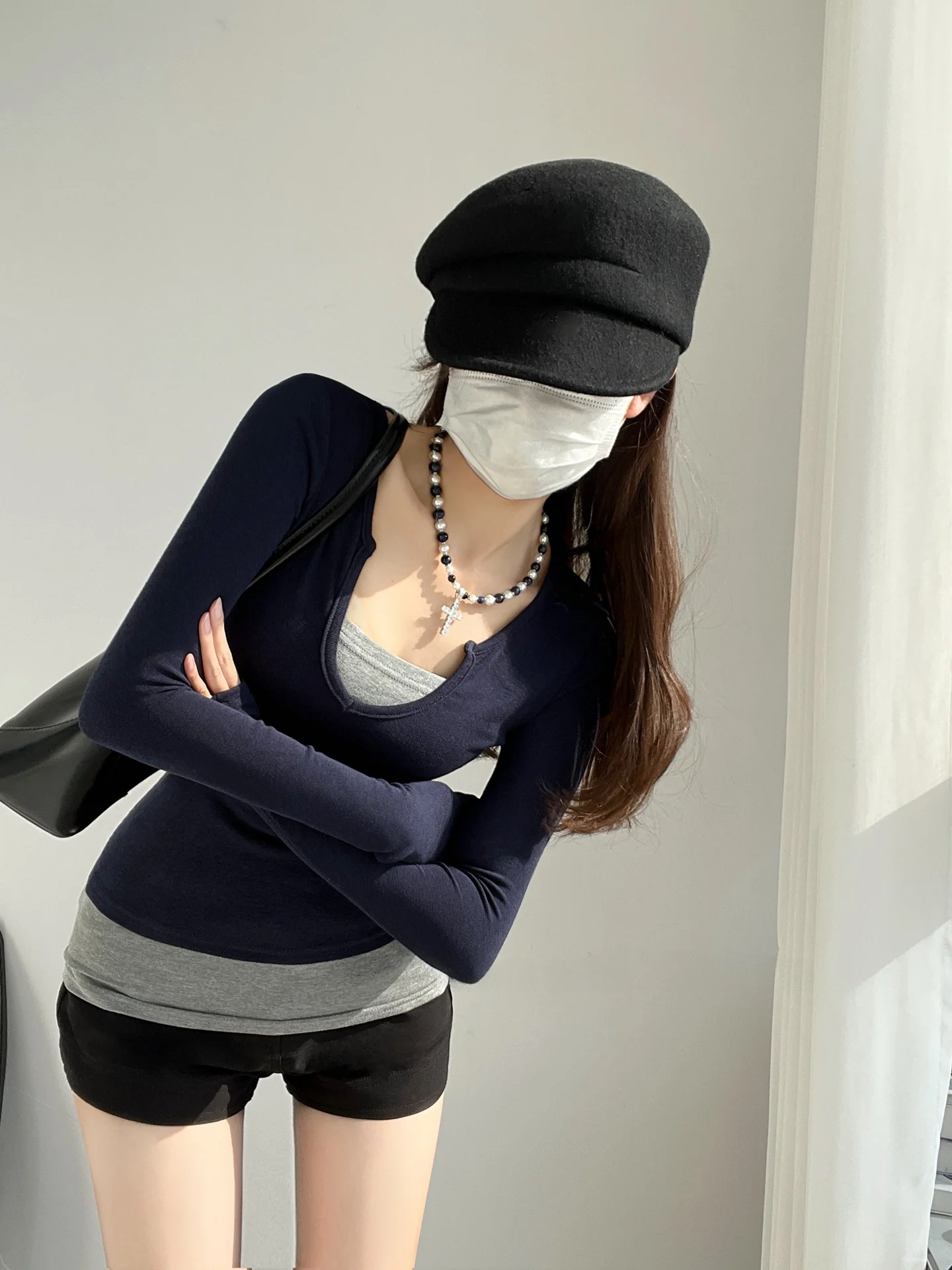 تأثير التخسيس الأمريكية الرجعية V-ne اللون بلو طويل Sve تي شيرت قاعدة irt عالية الخصر Ciwalk فتاة عادية Sle #3