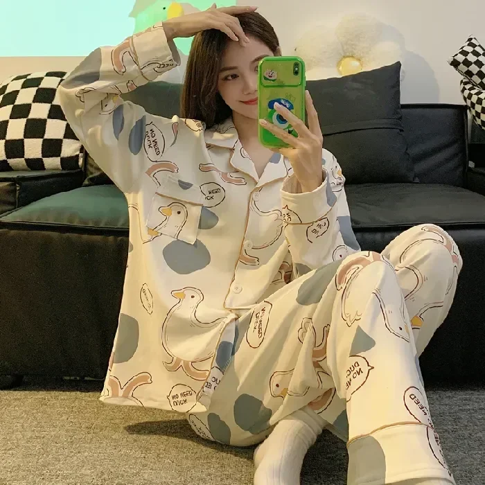 Female Cute Cartoon Soft Pyjamas Services Home Set Turn-down Long Pajamas Sleepwear Sleeves Suit Collar Womens Homewear