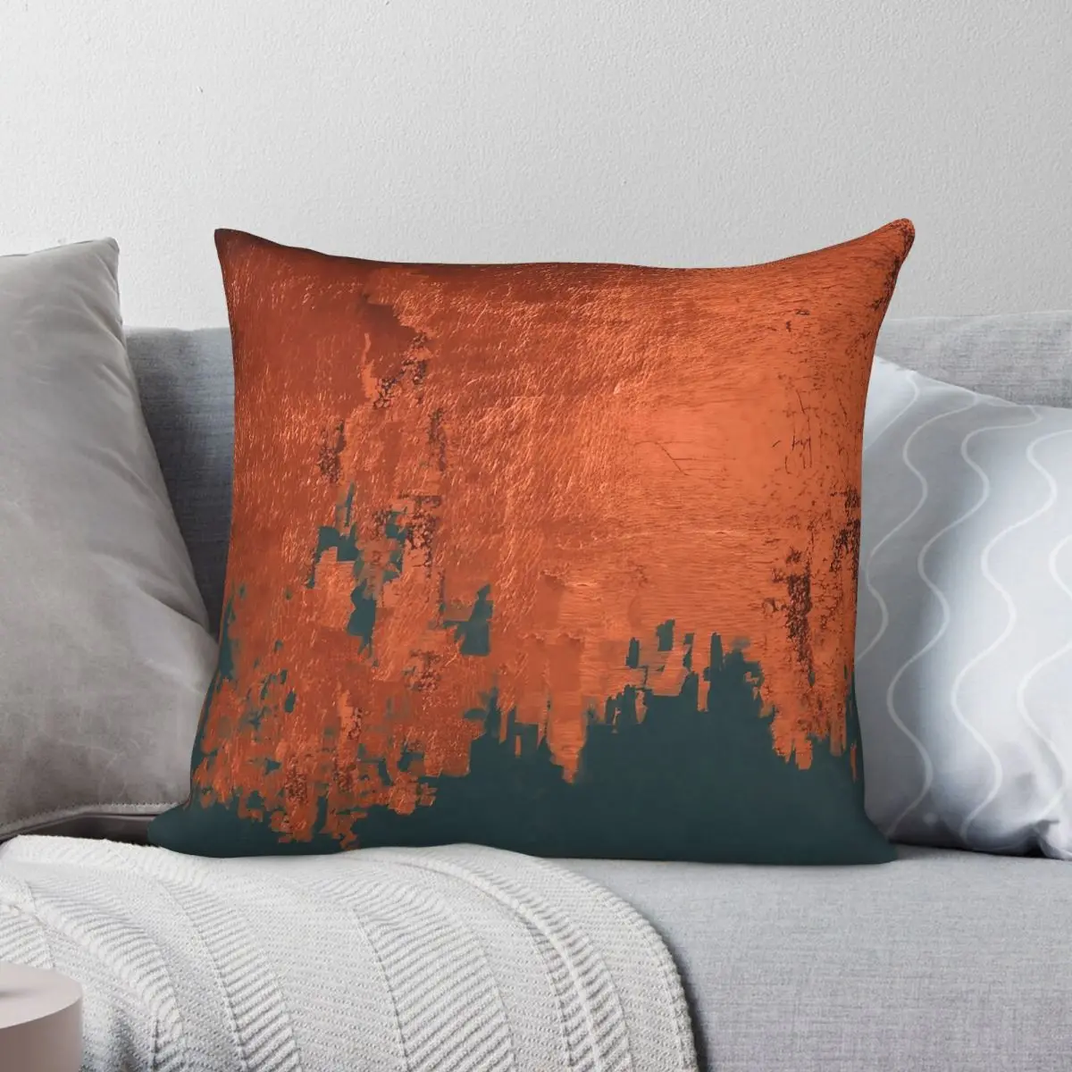 Funda de cojín cuadrada Verne Copper Teal Rust, de poliéster, lino y terciopelo, con cremallera decorativa, para coche