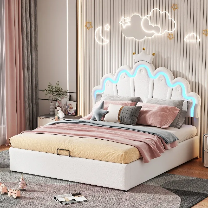 Lit capitonné Princess avec tête de lit en forme de couronne nuageuse, éclairage d'ambiance LED contrôlé par application, rangement à levage hydraulique, cuir PU blanc et MDF