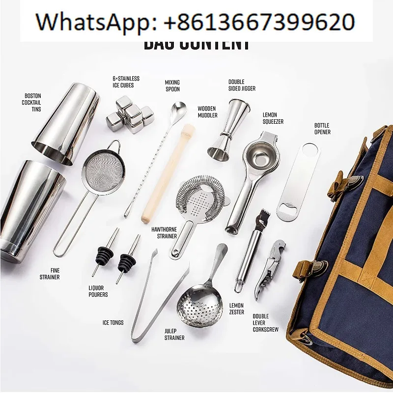

Набор бармена из 22 предметов: 800 мл + 550 мл Шейкер Бостон, джиггер, инструменты, камень и сумка. | Профессиональный смесительный набор | Барменский набор