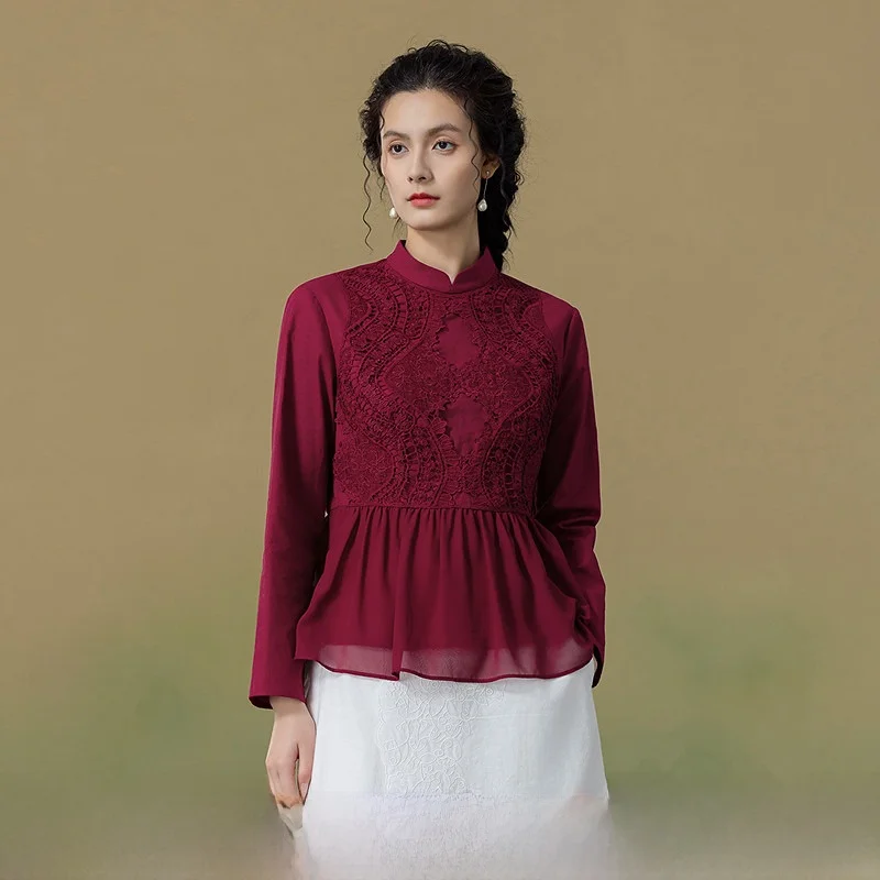 

New Autumn 2025 Women's Cotton Linen Blend Floral Embroidery irt Living on the Left Faionable Versatile Long Sve Breat...