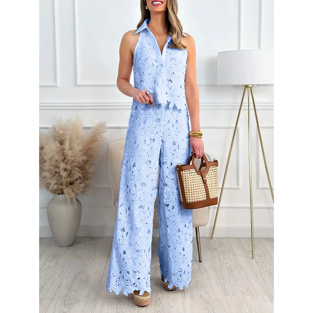Women Halter Lapel V Neck Hollow Cropped Vest High Waist Wide Leg Straight Pants 2 Piece Sets Solid Floral Cutwork Resort Outfit