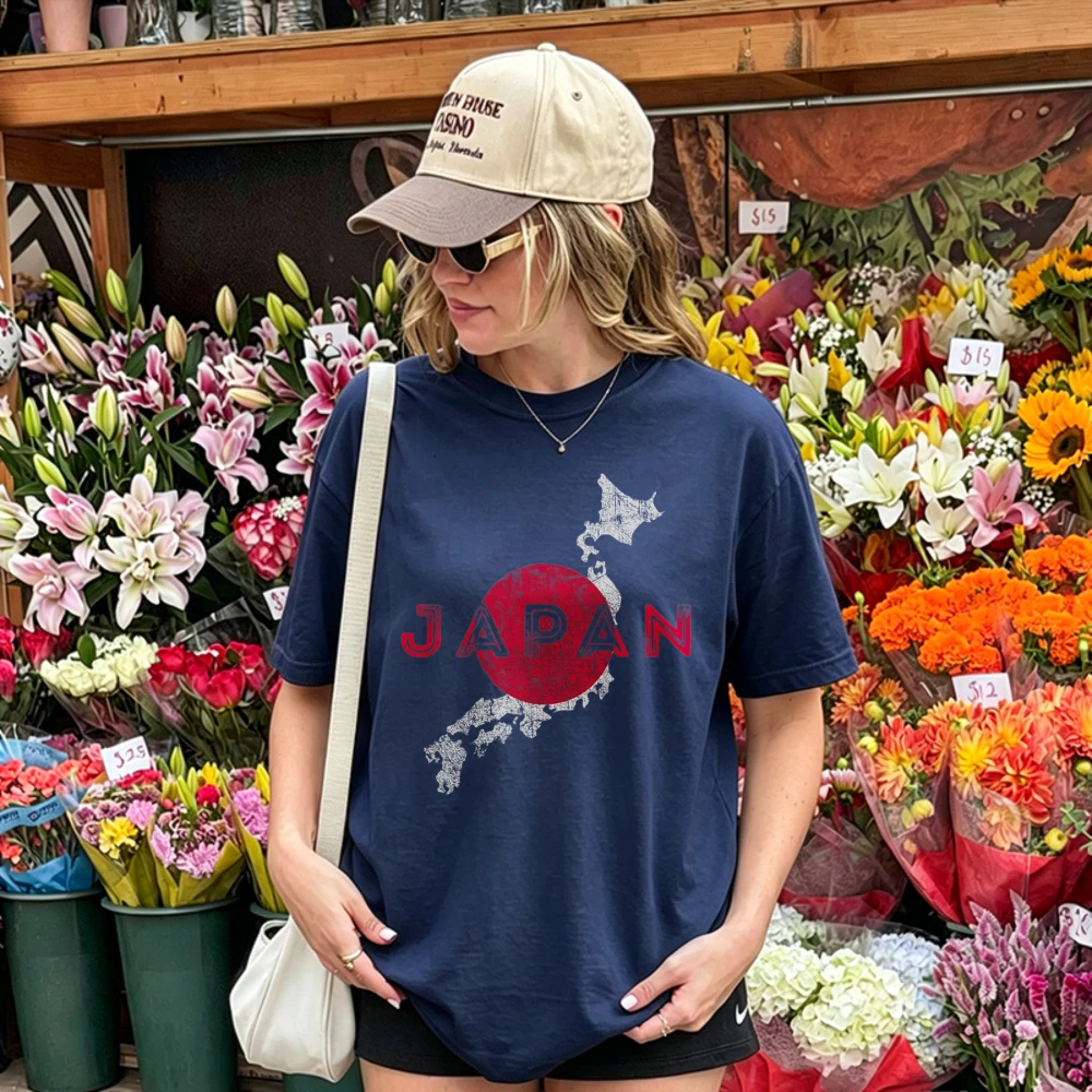 Distressed Japan Map with Red Sun Flag Texture Print Men Women Cotton T Shirt Japanese Patriotic Pride Travel Souvenir Tees Top